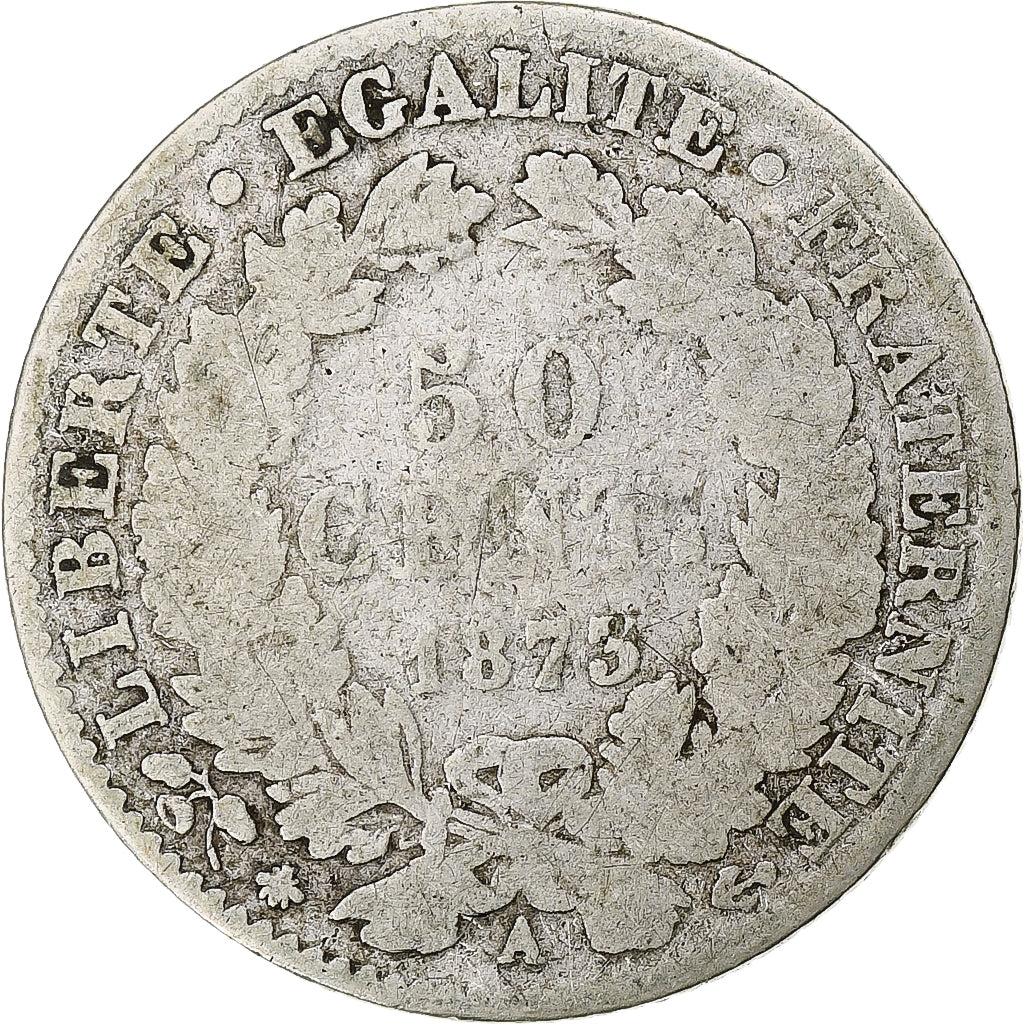 Coin, France, Cérès, 50 Centimes, 1873, Paris, VG(8-10), Silver, KM:834.1