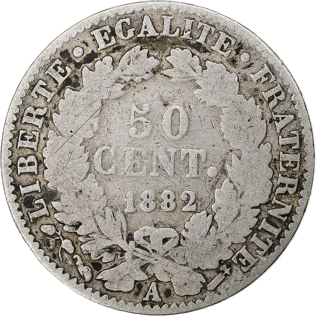 Moeda, França, Cérès, 50 Centimes, 1882, Paris, VG(8-10), Prata, KM:834.1