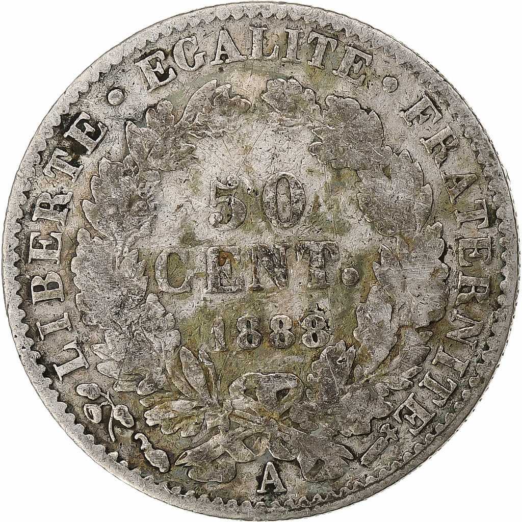 Moeda, França, Cérès, 50 Centimes, 1888, Paris, VF(20-25), Prata, KM:834.1