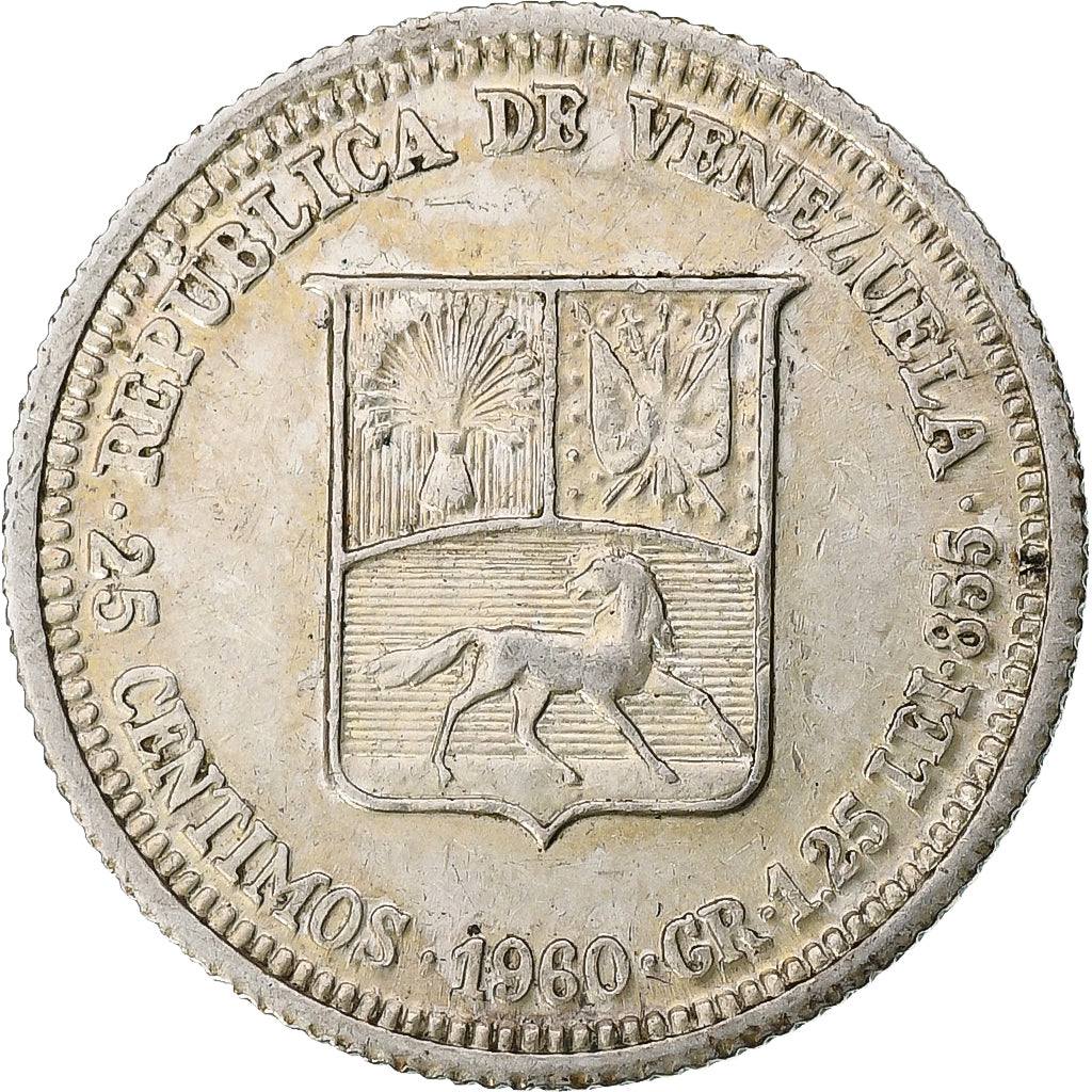 Münze, Venezuela, 25 Centimos, 1960, VZ, Silber, KM:35a