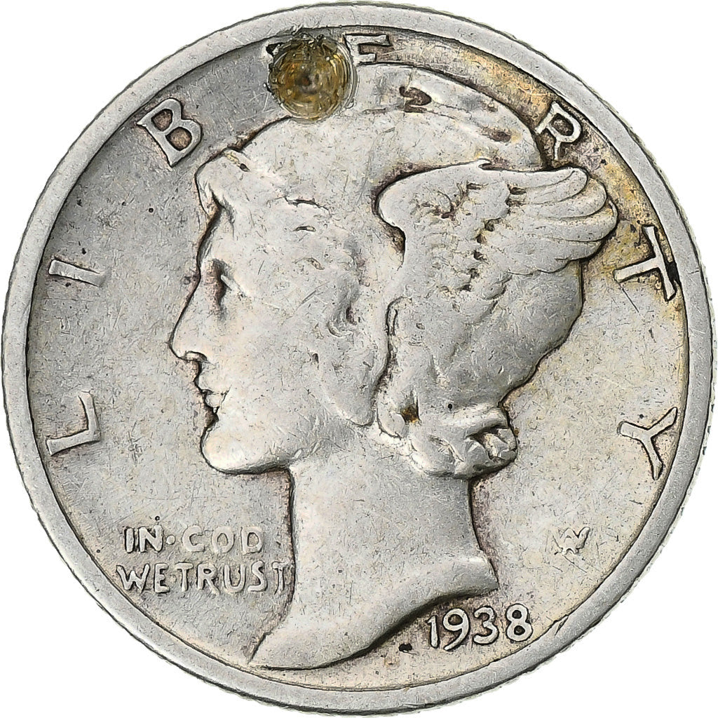 Moneda, Estados Unidos, Mercury Dime, Dime, 1938, U.S. Mint, Philadelphia, BC+