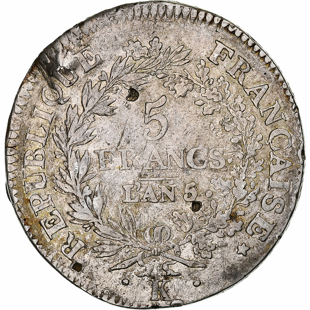 Coin, France, Union et Force, 5 Francs, An 5, 1796, Bordeaux, VF(20-25), Silver