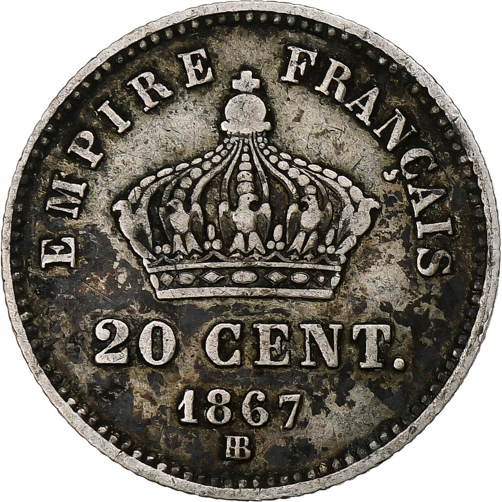 Moeda, França, Napoleon III, 20 Centimes, 1867, Strasbourg, VF(20-25), Prata