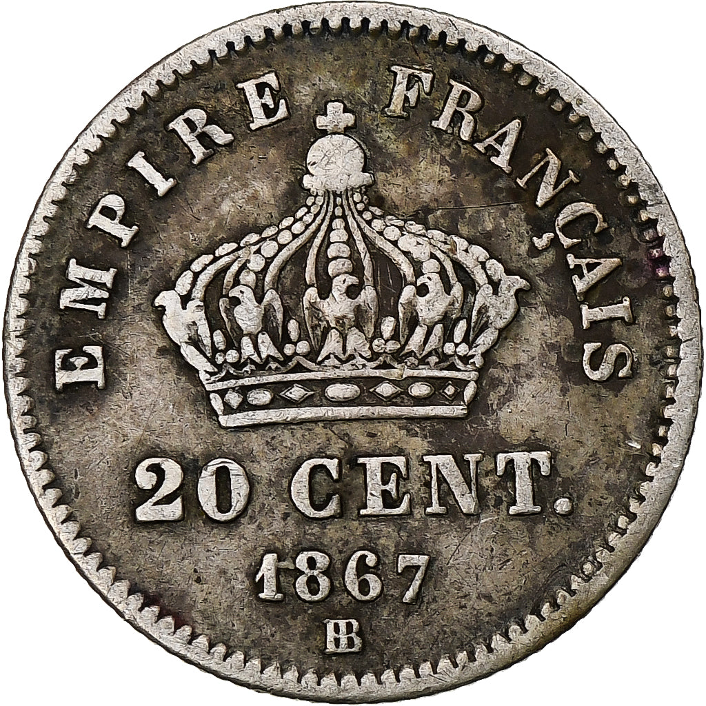 Moeda, França, Napoleon III, 20 Centimes, 1867, Strasbourg, VF(30-35), Prata