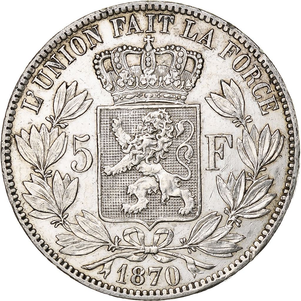 Coin, Belgium, Leopold II, 5 Francs, 5 Frank, 1870, Brussels, AU(55-58), Silver