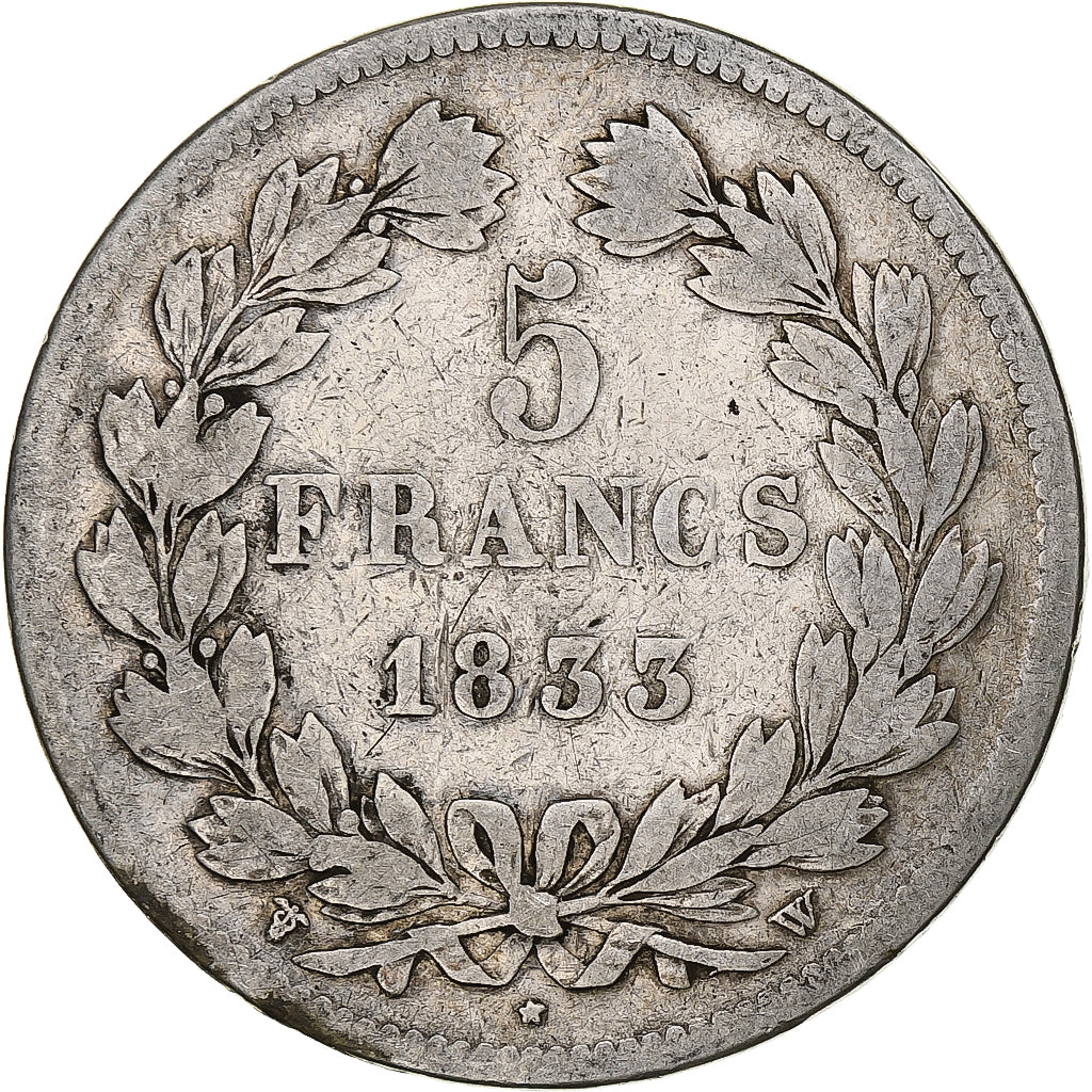 Coin, France, Louis-Philippe, 5 Francs, 1833, Lille, VF(20-25), Silver