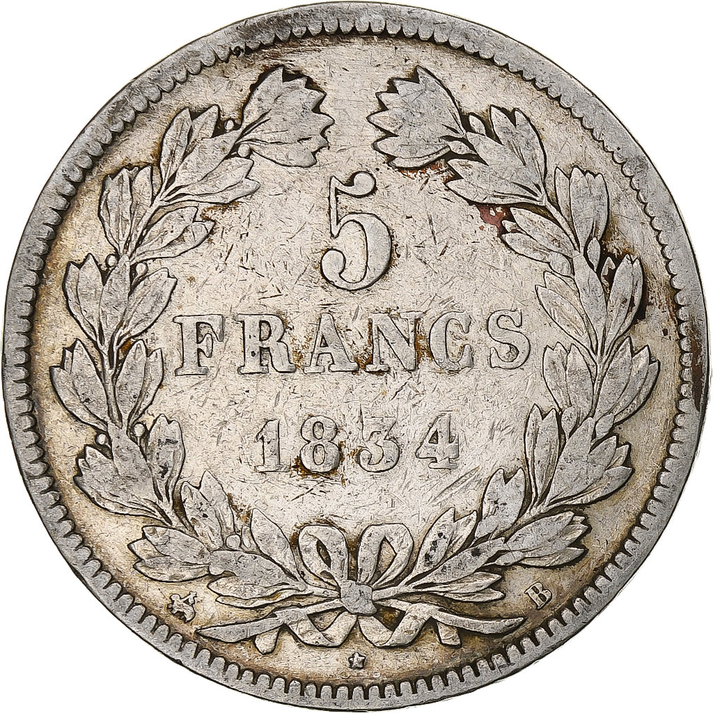 Coin, France, Louis-Philippe, 5 Francs, 1834, Rouen, VF(30-35), Silver