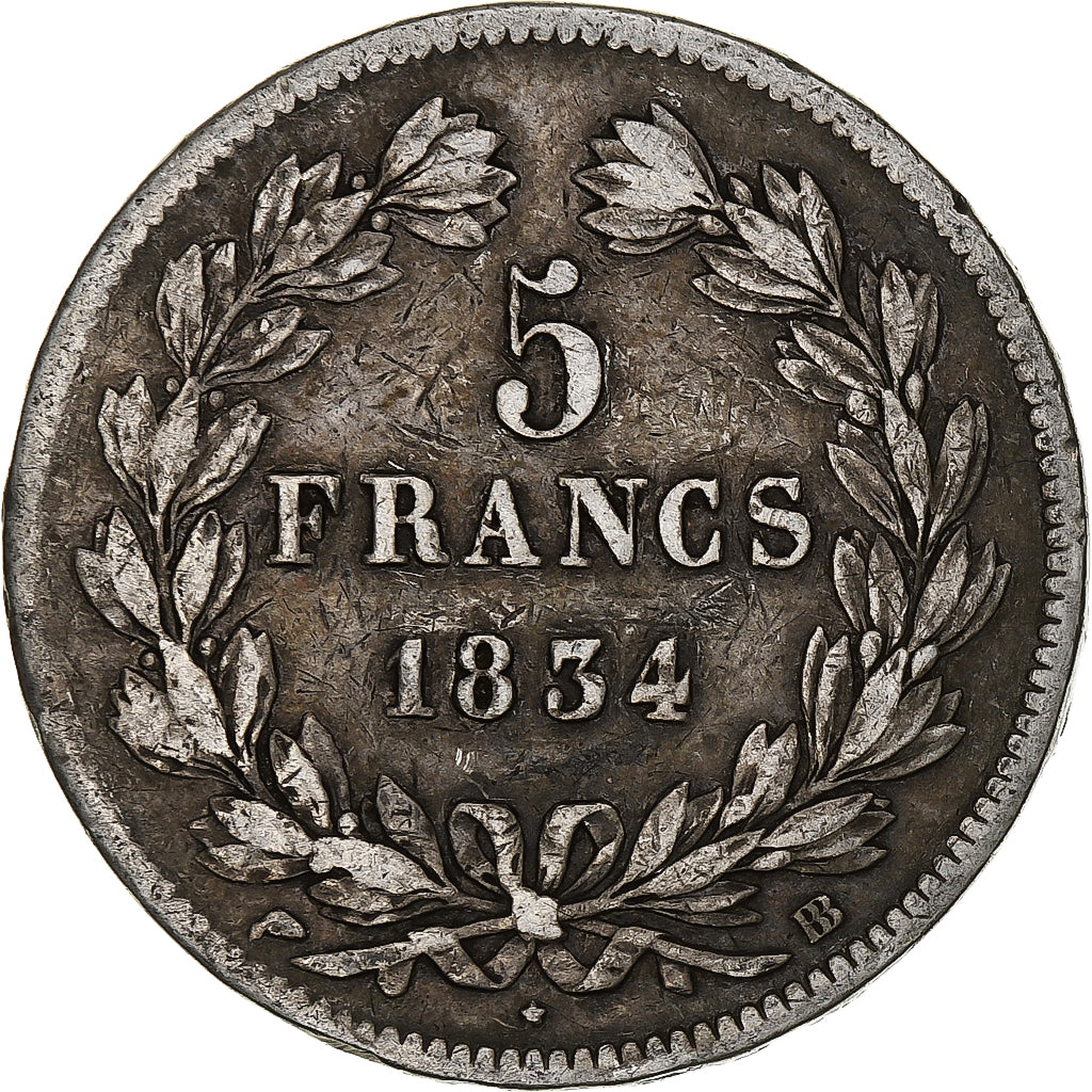 Moneta, Francia, Louis-Philippe, 5 Francs, 1834, Strasbourg, MB+, Argento