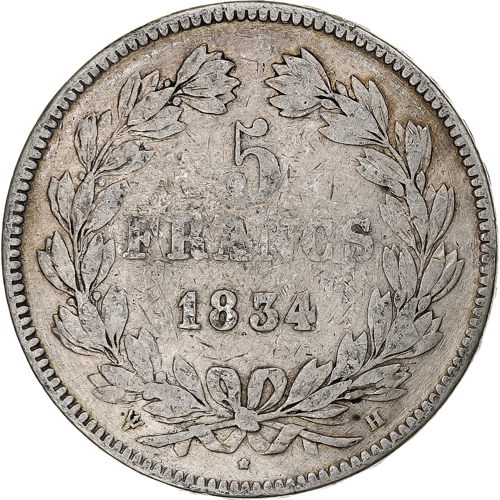 Moneda, Francia, Louis-Philippe, 5 Francs, 1834, La Rochelle, BC+, Plata