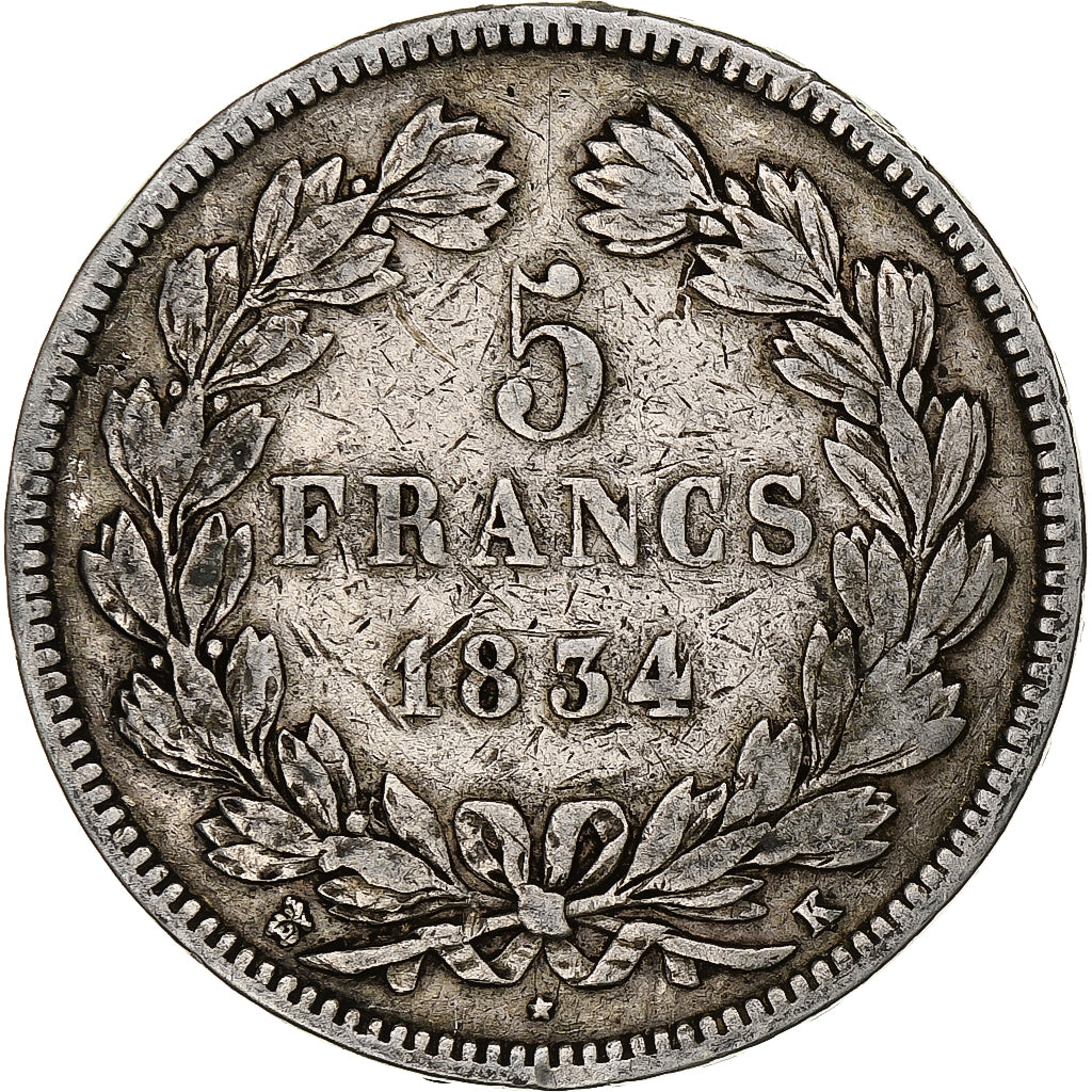 Coin, France, Louis-Philippe, 5 Francs, 1834, Bordeaux, VF(20-25), Silver