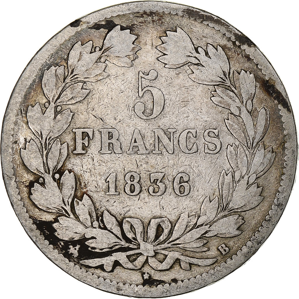 Munten, Frankrijk, Louis-Philippe, 5 Francs, 1836, Rouen, ZG+, Zilver, KM:749.2
