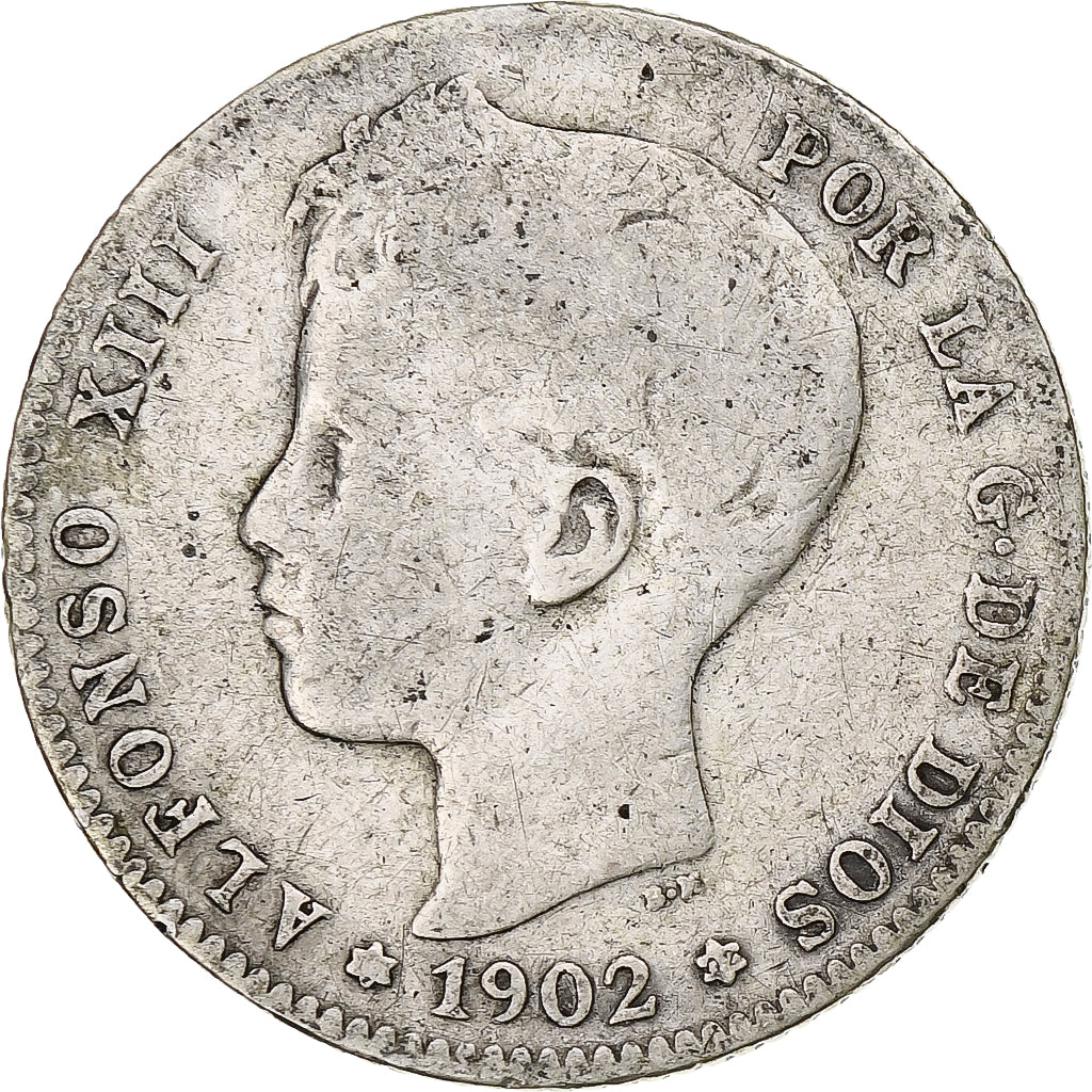 Moneta, Hiszpania, Alfonso XIII, Peseta, 1902, Madrid, VF(20-25), Srebro, KM:706