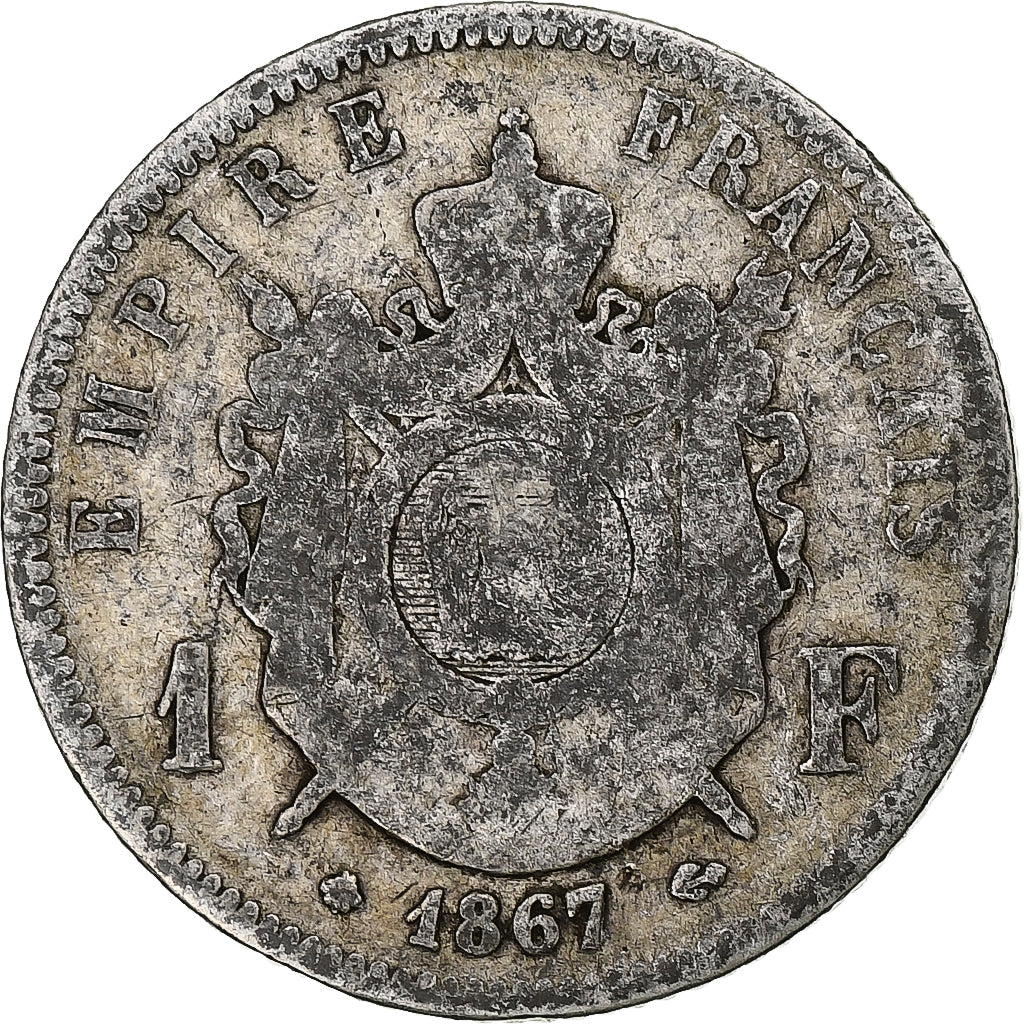 Moneta, Francja, Napoleon III, Franc, 1867, Paris, F(12-15), Srebro, KM:806.1