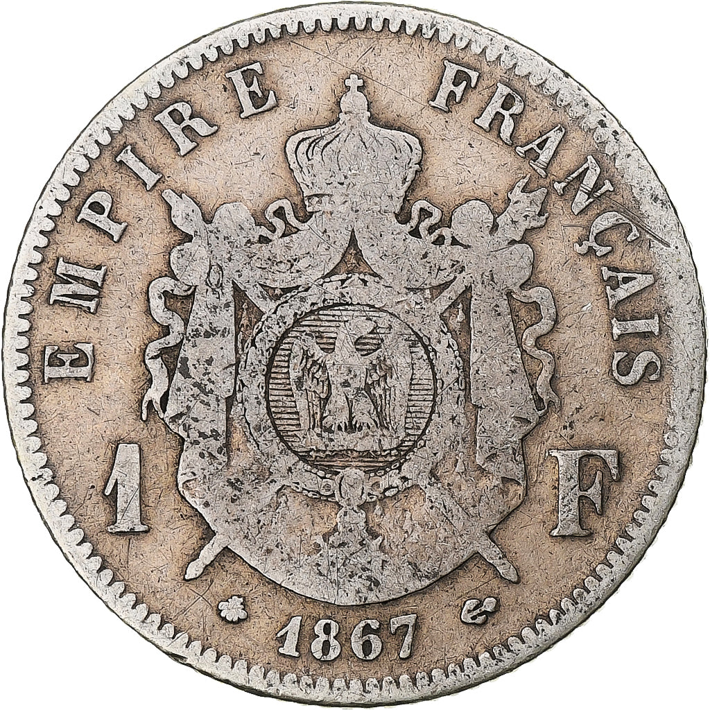 Moneta, Francja, Napoleon III, Franc, 1867, Paris, VF(20-25), Srebro, KM:806.1