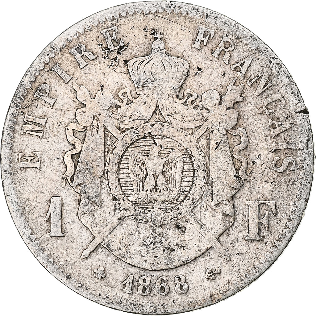 Munten, Frankrijk, Napoleon III, Franc, 1868, Paris, ZG+, Zilver, KM:806.1