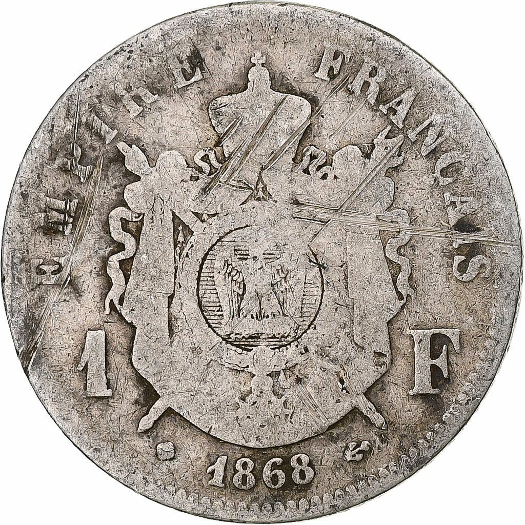Moeda, França, Napoleon III, Franc, 1868, Strasbourg, Petit BB, F(12-15)