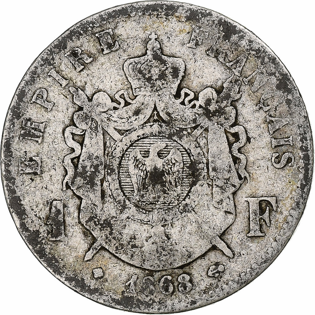 Moeda, França, Napoleon III, Franc, 1868, Strasbourg, Petit BB, F(12-15)