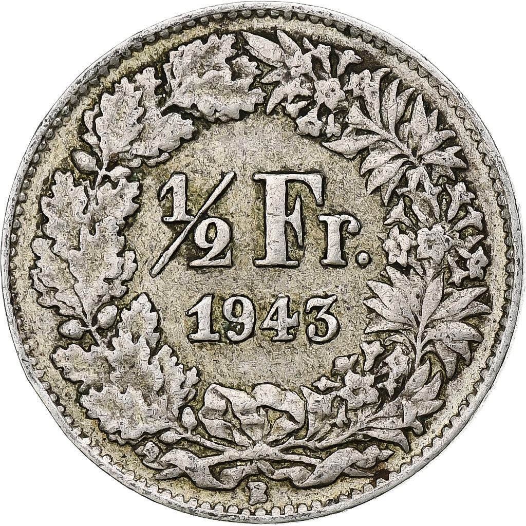 Moneda, Suiza, 1/2 Franc, 1943, Bern, MBC, Plata