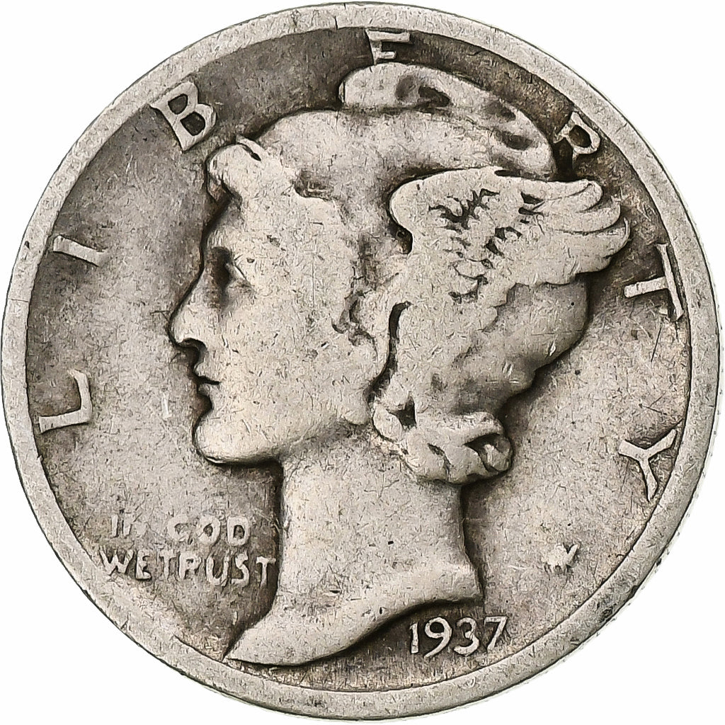 Monnaie, États-Unis, Mercury Dime, Dime, 1937, U.S. Mint, Philadelphie, TB