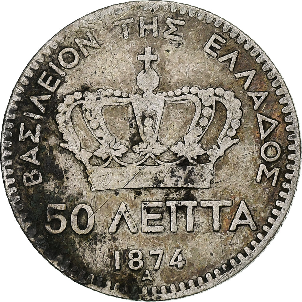 Coin, Greece, George I, 50 Lepta, 1874, Paris, VF(20-25), Silver, KM:37