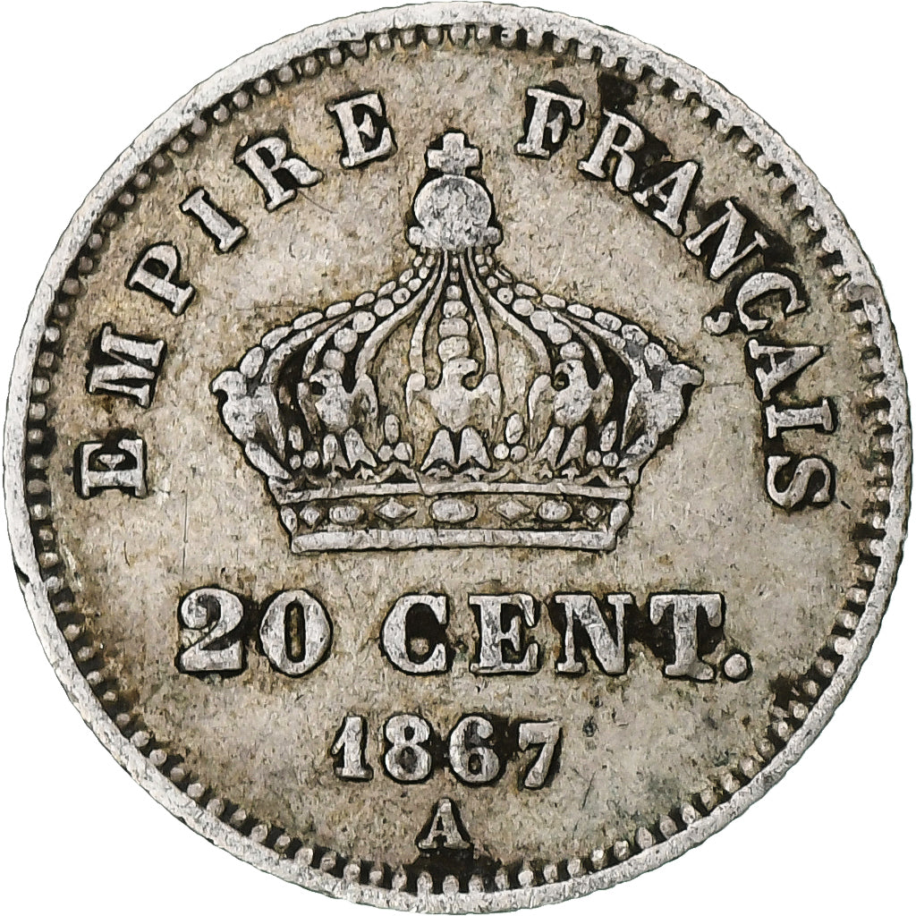 France, Napoleon III, 20 Centimes, 1867, Paris, VF(20-25), Silver, KM:808.1