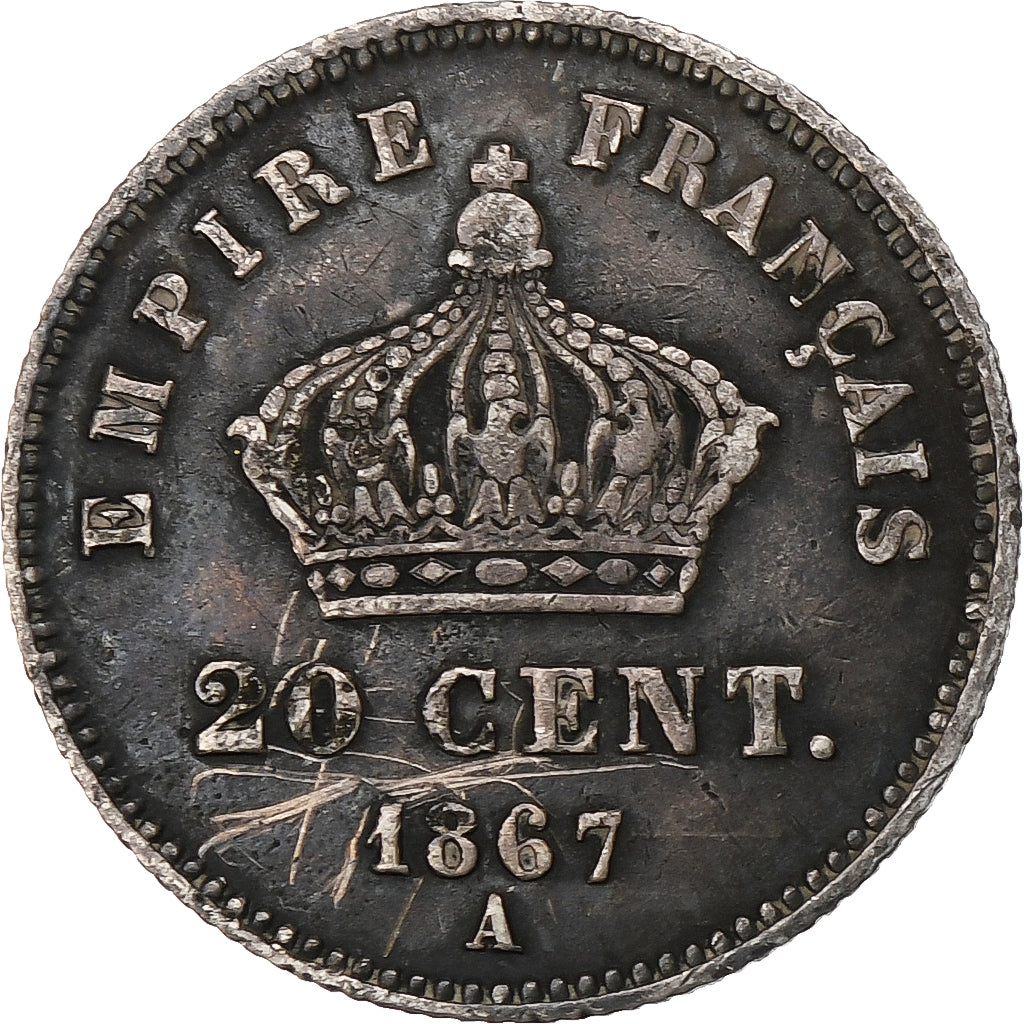 Francia, Napoleon III, 20 Centimes, 1867, Paris, MB+, Argento, KM:808.1