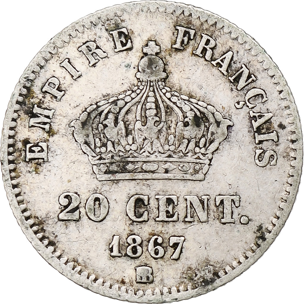 Frankreich, Napoleon III, 20 Centimes, 1867, Strasbourg, S, Silber, KM:808.2