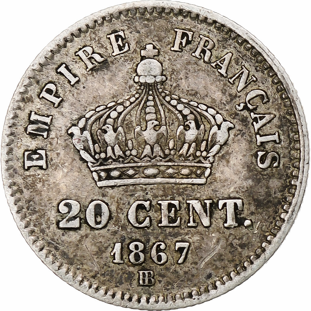Francia, Napoleon III, 20 Centimes, 1867, Strasbourg, BB, Argento, KM:808.2, Le