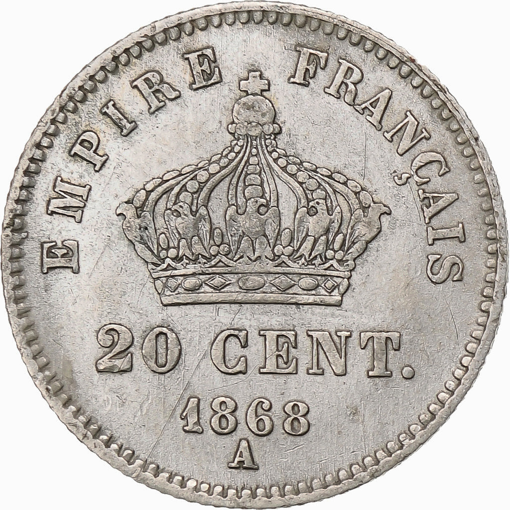 Francia, Napoleon III, 20 Centimes, 1868, Paris, BB+, Argento, KM:808.1