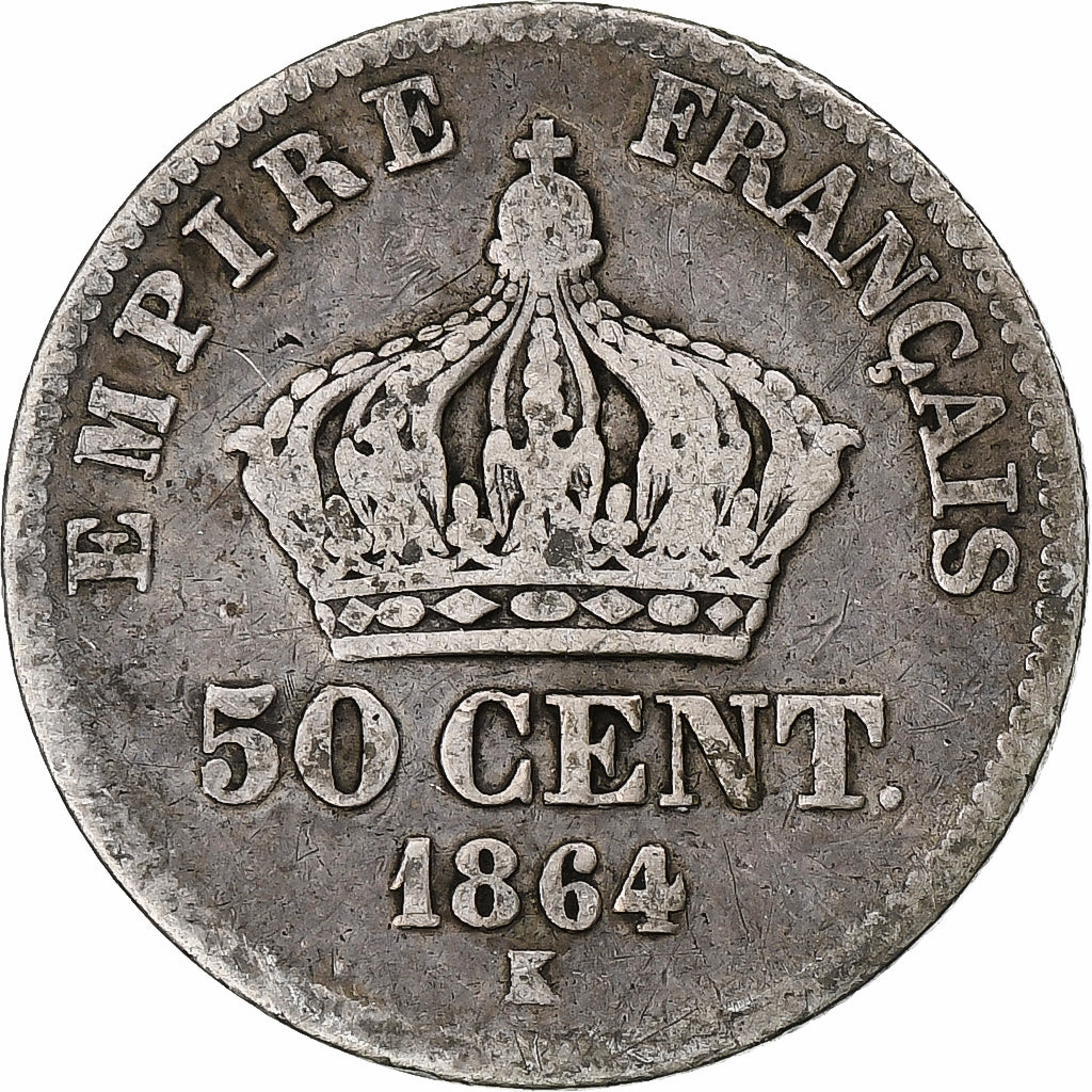 França, Napoleon III, 50 Centimes, 1864, Bordeaux, F(12-15), Prata, KM:814.3