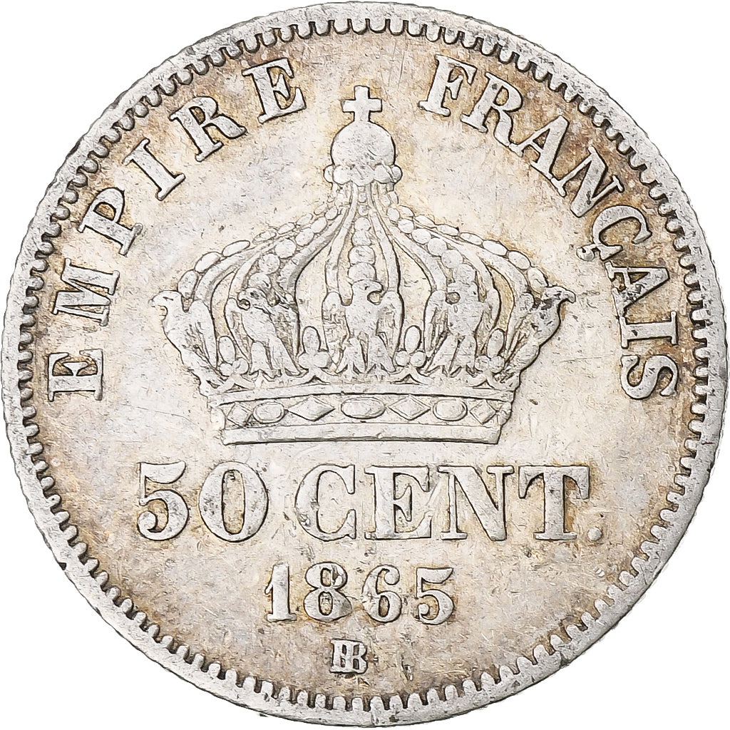 França, Napoleon III, 50 Centimes, 1865, Strasbourg, EF(40-45), Prata