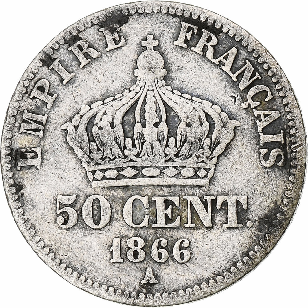 França, Napoleon III, 50 Centimes, 1866, Paris, VF(20-25), Prata, KM:814.1