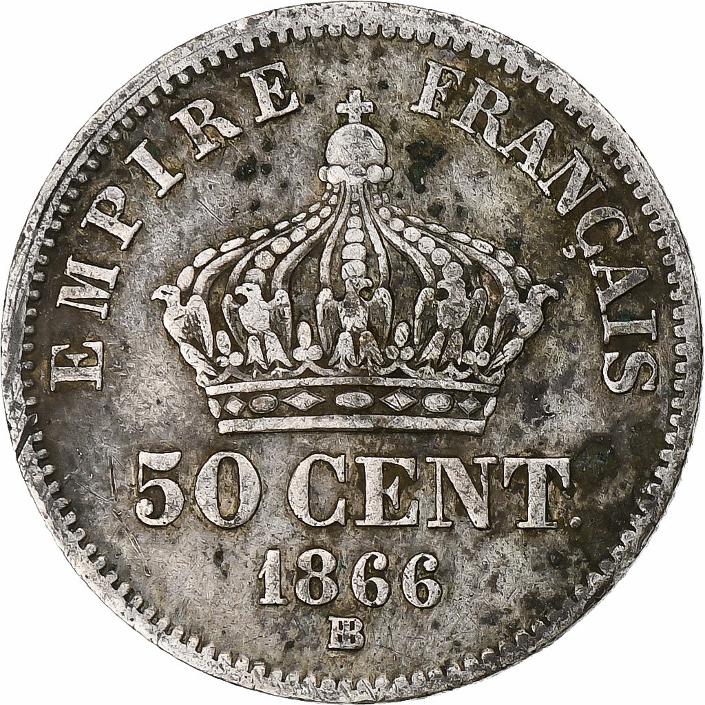 França, Napoleon III, 50 Centimes, 1866, Strasbourg, VF(20-25), Prata