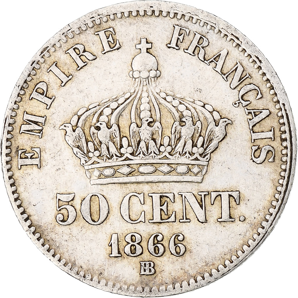 França, Napoleon III, 50 Centimes, 1866, Strasbourg, AU(50-53), Prata