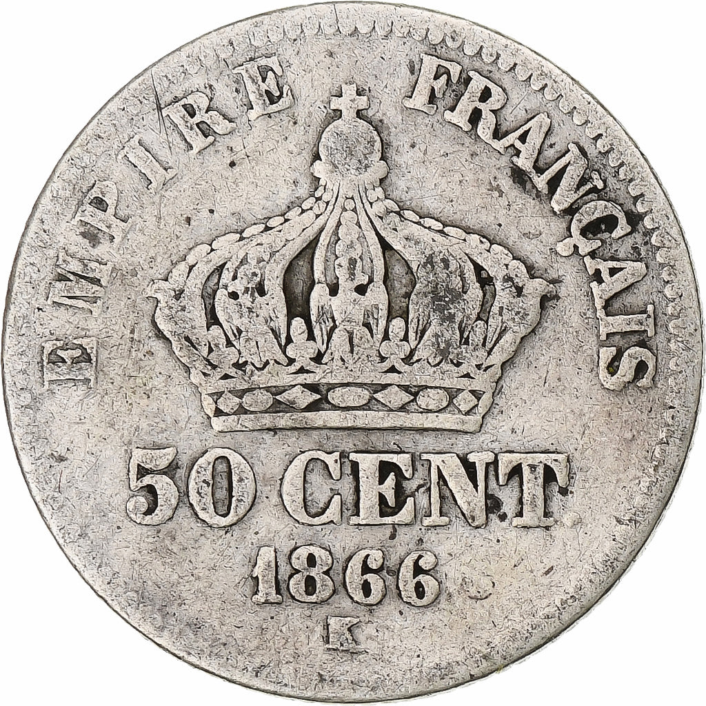 França, Napoleon III, 50 Centimes, 1866, Bordeaux, F(12-15), Prata, KM:814.3