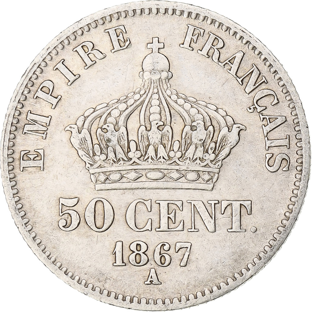 France, Napoleon III, 50 Centimes, 1867, Paris, EF(40-45), Silver, KM:814.1