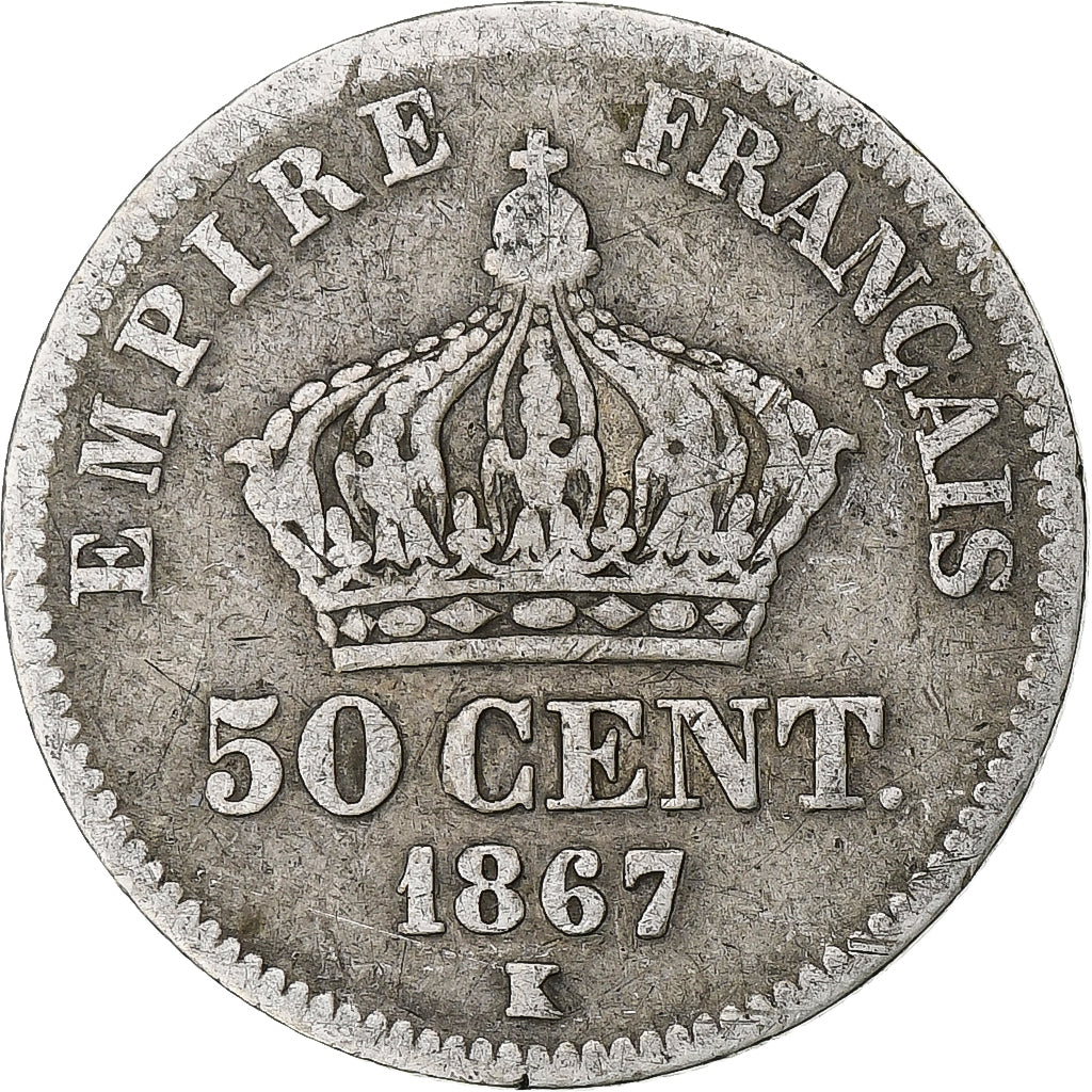 Frankreich, Napoleon III, 50 Centimes, 1867, Bordeaux, SGE+, Silber, KM:814.3
