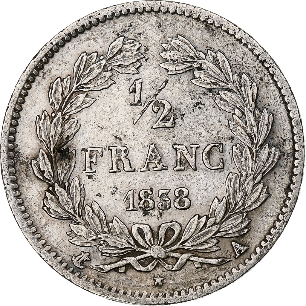 França, 1/2 Franc, Louis-Philippe, 1838, Paris, Prata, VF(30-35), Gadoury:408