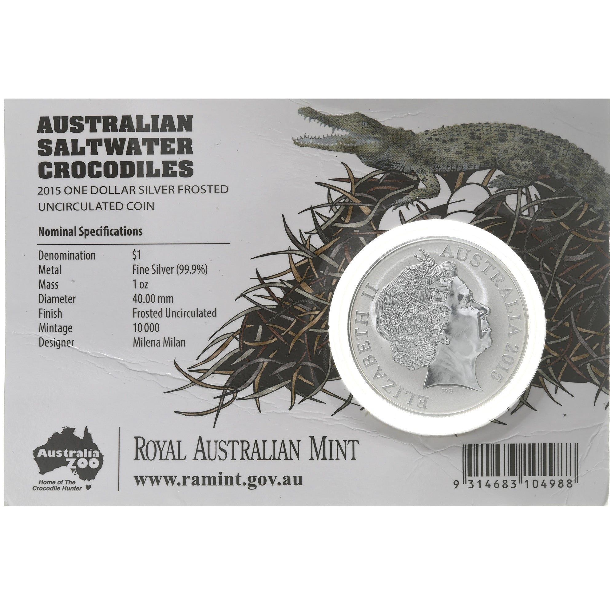 Australia, Elizabeth II, Saltwater Crocodile, 1 Dollar, 2015, 1 Oz, FDC, Argento