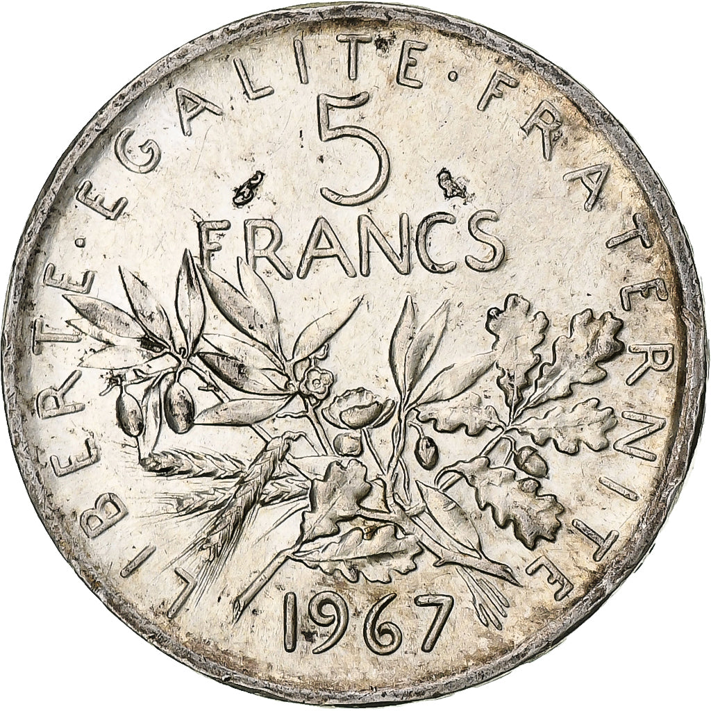 França, Semeuse, 5 Francs, 1967, Paris, AU(55-58), Prata, KM:926, Le