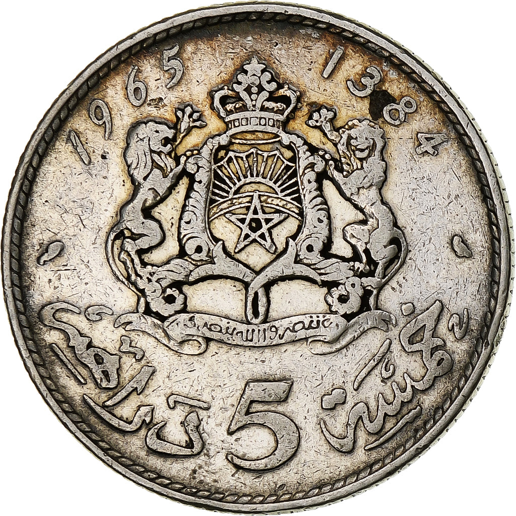 Morocco, al-Hassan II, 5 Dirhams, 1965/AH1384, Paris, VF(20-25), Silver, KM:57