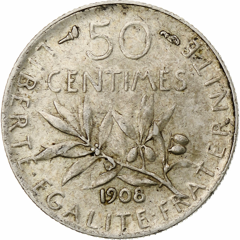 Francia, Semeuse, 50 Centimes, 1908, Paris, MBC, Plata, KM:854, Gadoury:420, Le