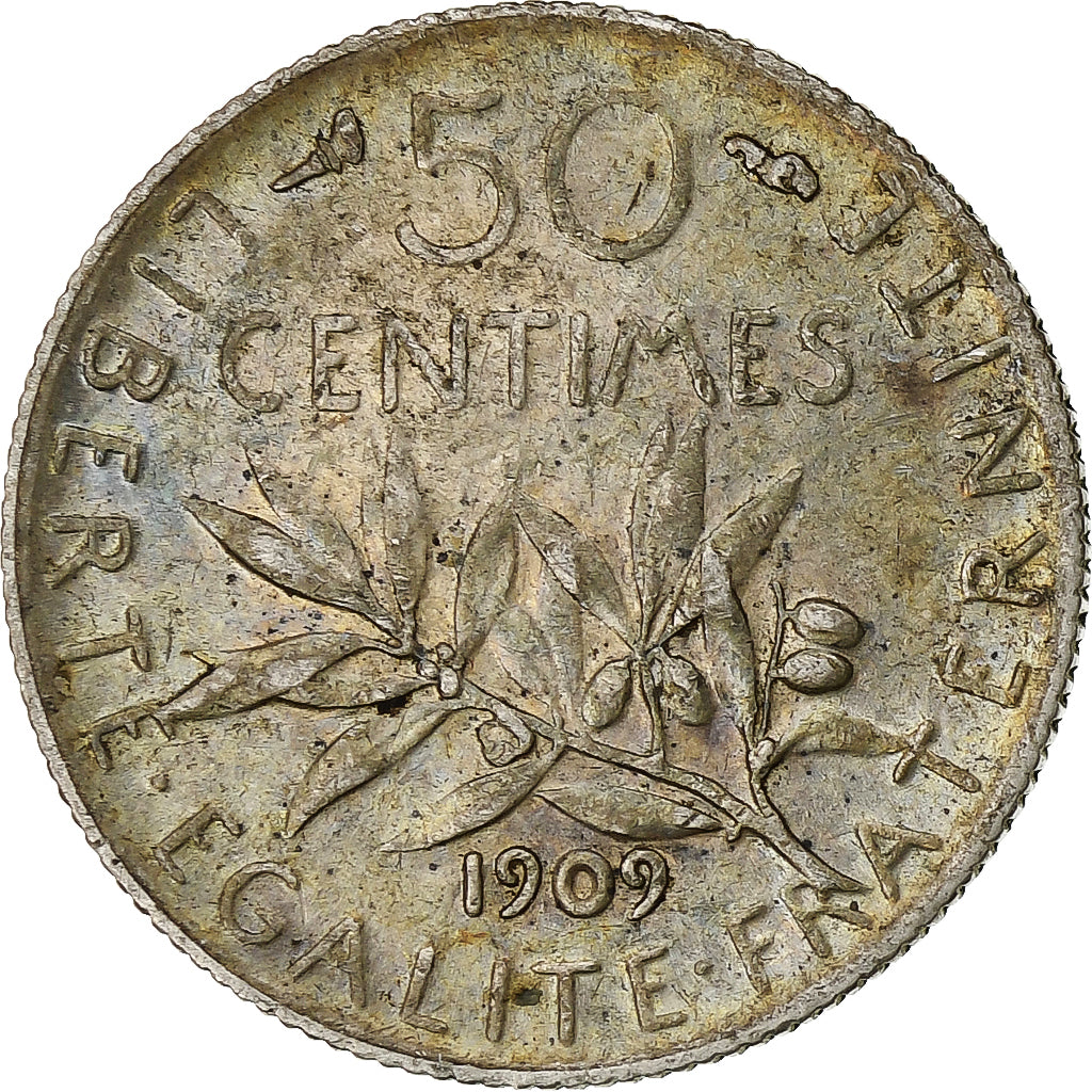 Francia, Semeuse, 50 Centimes, 1909, Paris, BC+, Plata, KM:854, Gadoury:420, Le