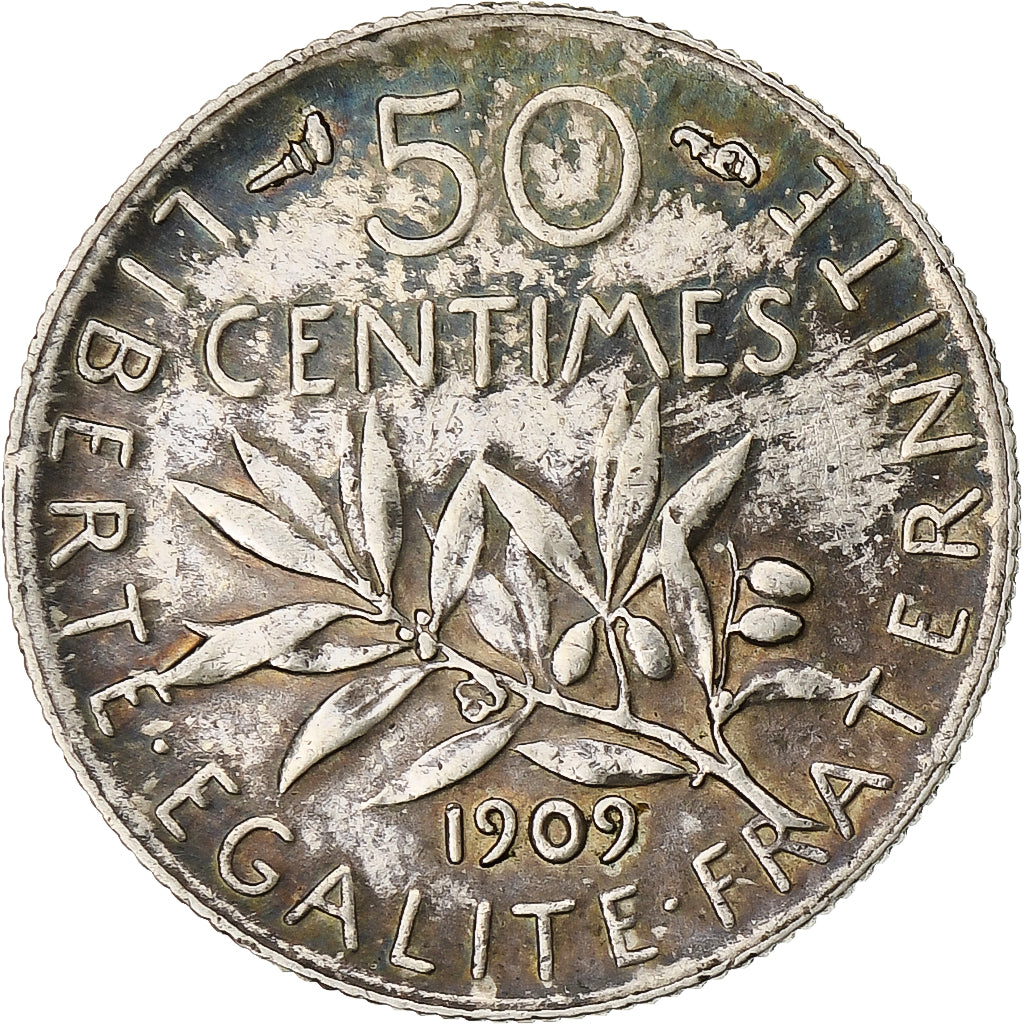 Francia, Semeuse, 50 Centimes, 1909, Paris, MBC, Plata, KM:854, Gadoury:420, Le