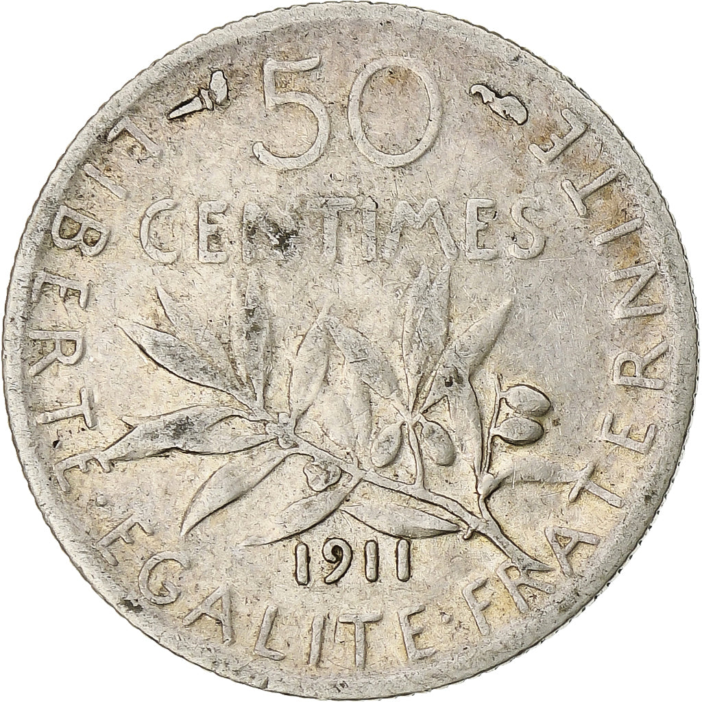 Francia, Semeuse, 50 Centimes, 1911, Paris, BC+, Plata, KM:854, Gadoury:420, Le