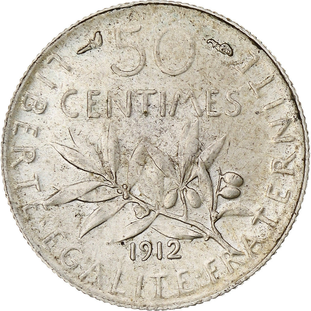 Francia, Semeuse, 50 Centimes, 1912, Paris, MBC+, Plata, KM:854, Gadoury:420, Le