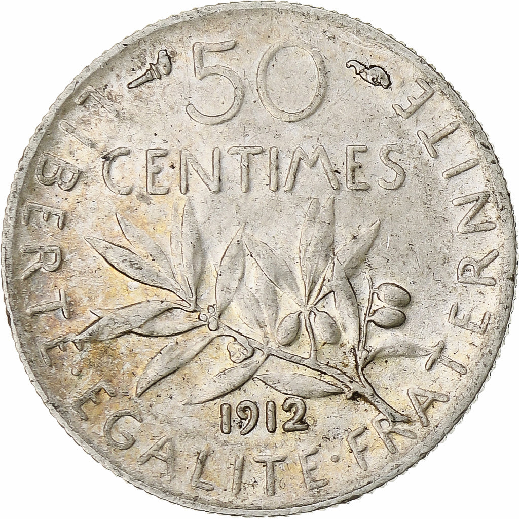 Francia, Semeuse, 50 Centimes, 1912, Paris, MBC+, Plata, KM:854, Gadoury:420, Le