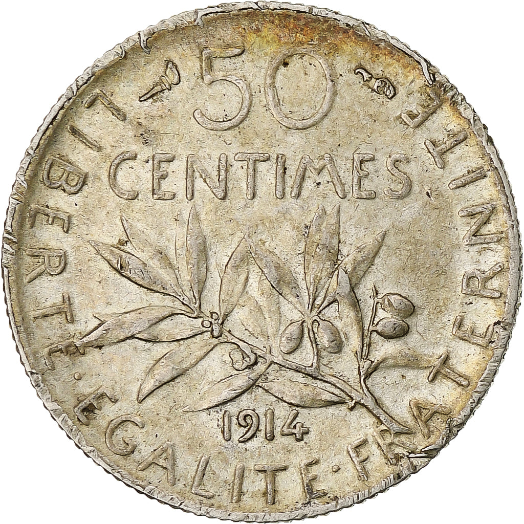 Francia, Semeuse, 50 Centimes, 1914, Paris, MBC, Plata, KM:854, Gadoury:420, Le
