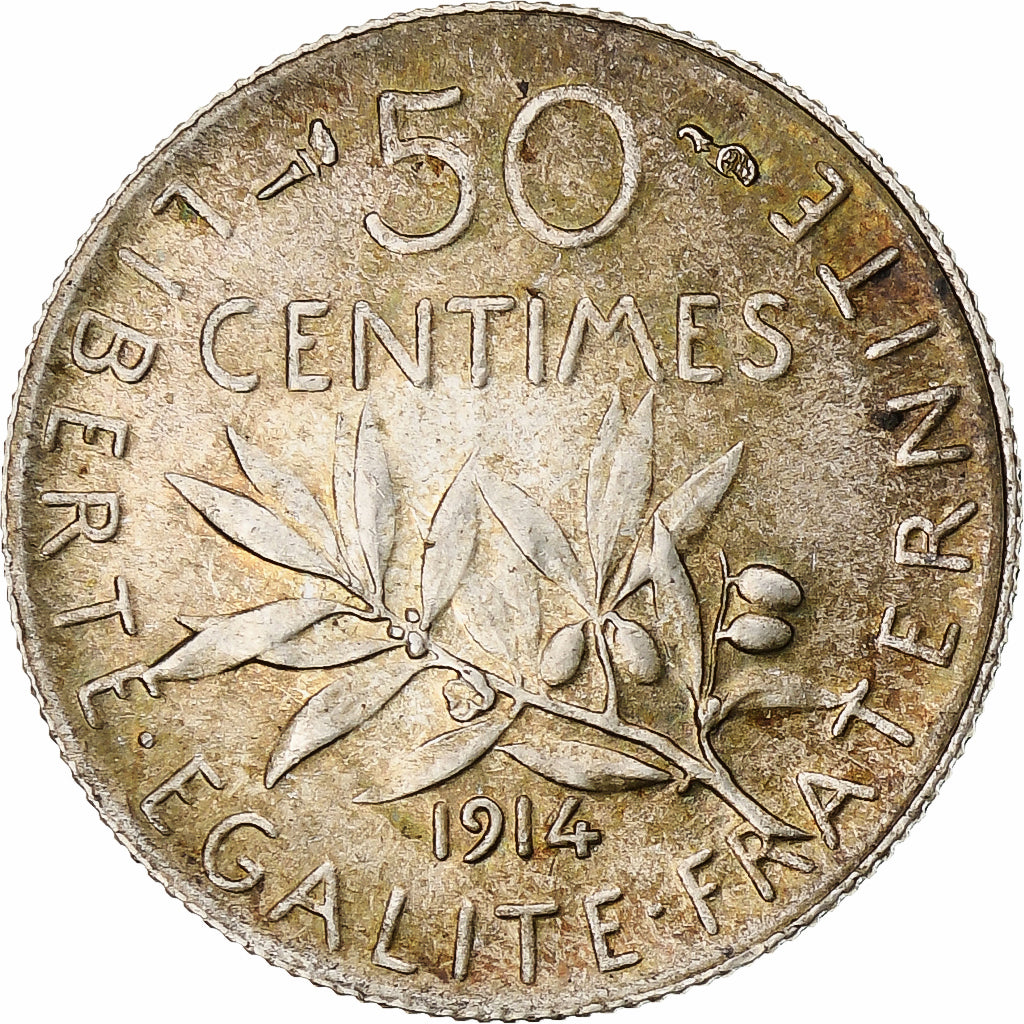 Francia, Semeuse, 50 Centimes, 1914, Paris, MBC+, Plata, KM:854, Gadoury:420, Le