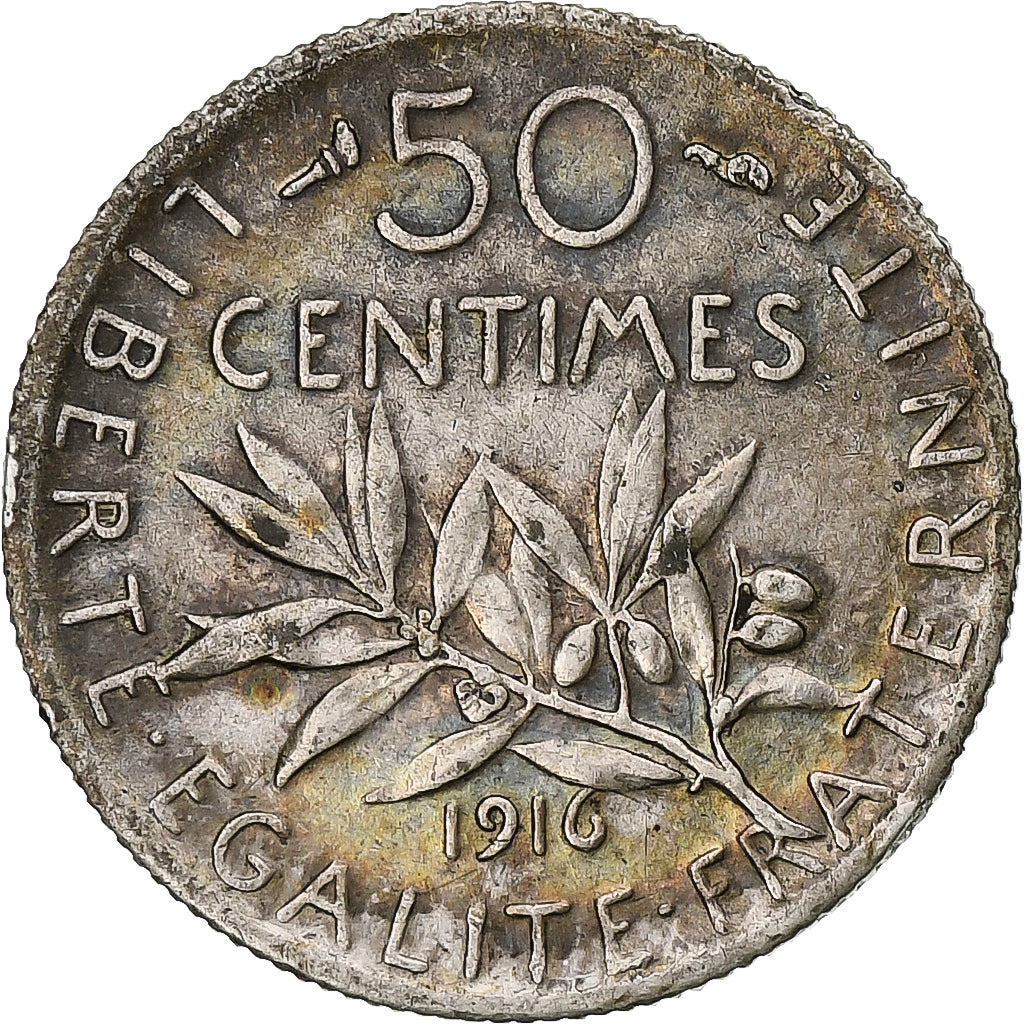 Francia, Semeuse, 50 Centimes, 1916, Paris, MBC, Plata, KM:854, Gadoury:420